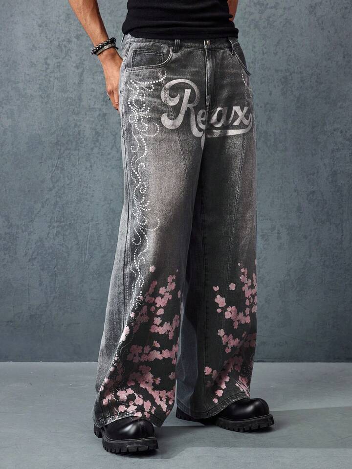 Anime Men's Casual Floral Printed Denim Jeans