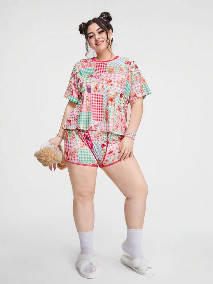 Kawaii Plus Size Women's Cute Teddy Bear Plaid Patchwork Pajama Shorts Set