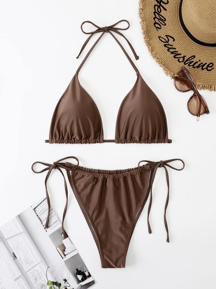 Summer Beach Plus Size Bikini Set Halter Triangle Bra & Tie Side Bikini Bottom 2 Pieces Bikini Bathing Suit
