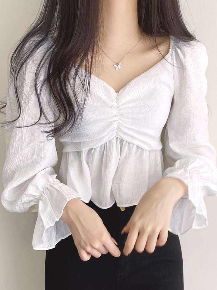 Ruched Bust Flounce Sleeve Peplum Blouse,Ruffle,Fall Clothes Long Sleeve Top