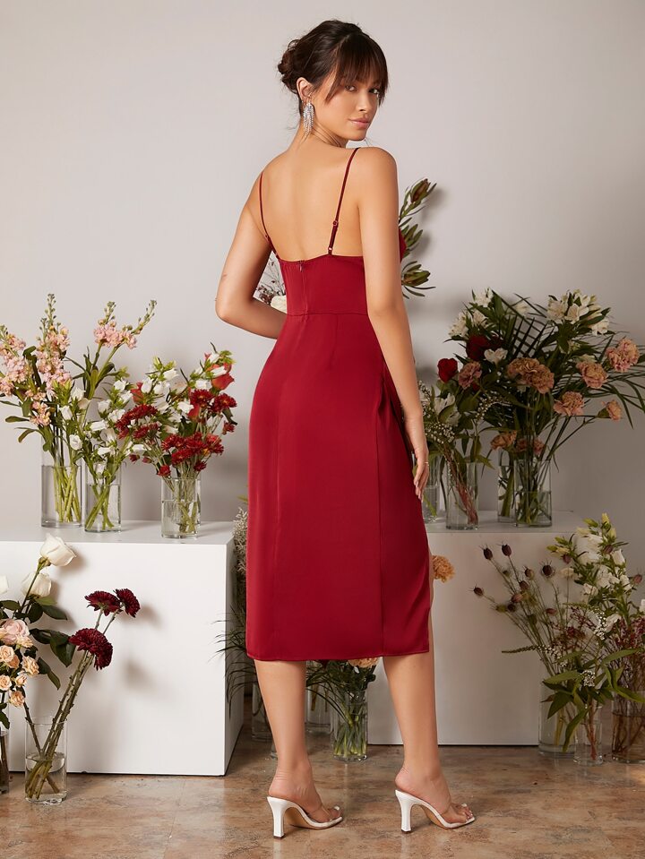 Burgundy Red Split Thigh Wrap Detail Bridesmaid Elegant Dress