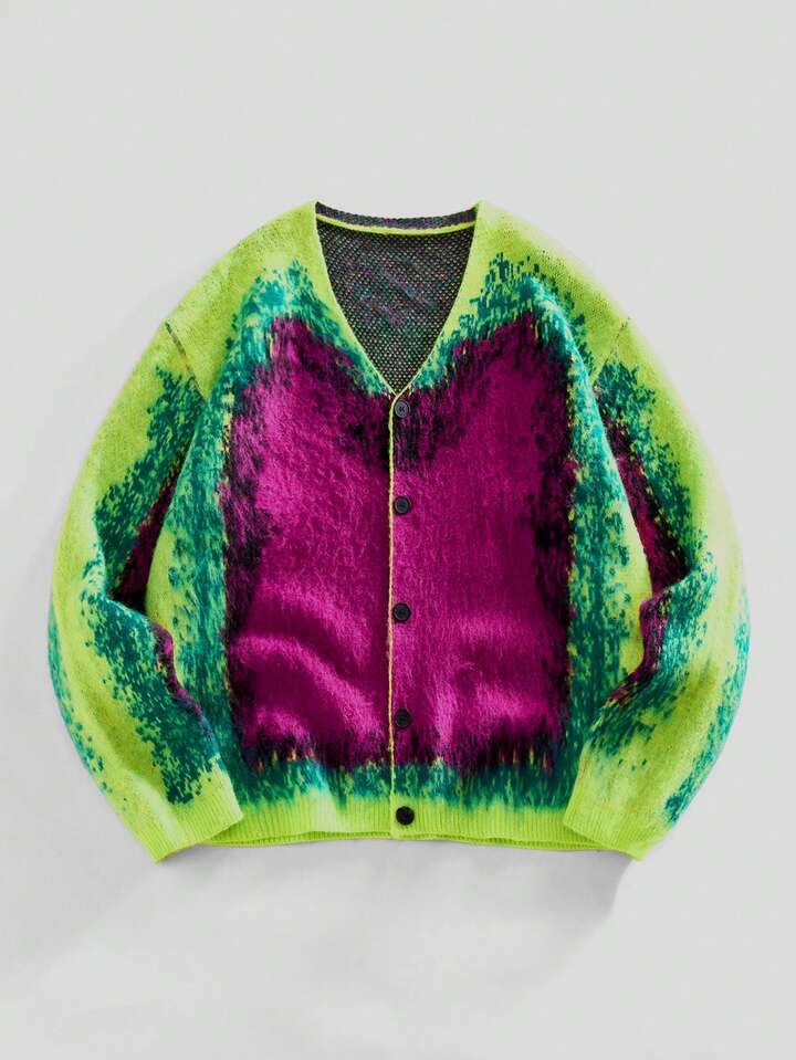Men's Contrast Color Long Sleeve Single-Breasted Knit Cardigan, Loose Fit, Autumn/Winter