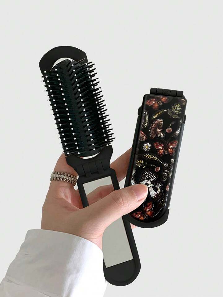 Fairycore 1pc Folding Black Mushroom & Floral Print Hair Brush With Mirror, Portable Design (Pattern Position Random)