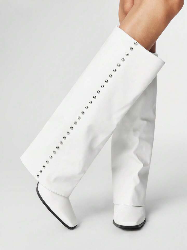 Grunge Punk Women's Studded Decor Fashion White Square Toe Slim Heel Over-The-Knee Boots For Christmas