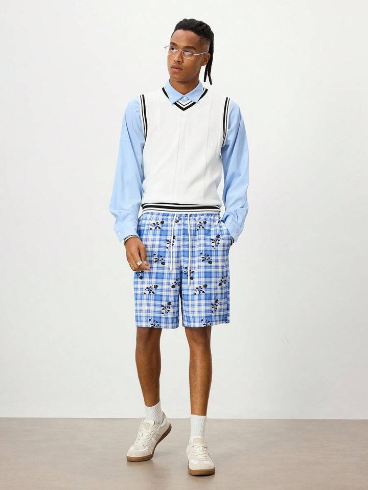 Prep Casual Fashion Versatile Loose Plaid Drawstring Waist Men's Shorts