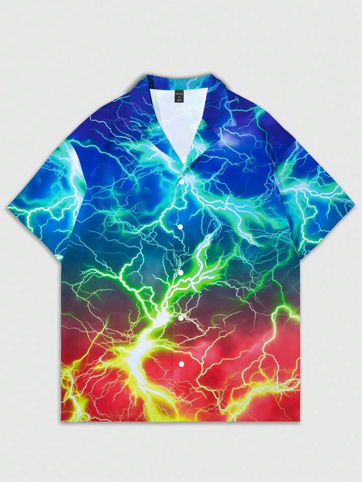 Men Gradient Lightning Print Short Sleeve Casual Shirt, Vacation Hawaiian Shirt For Summer