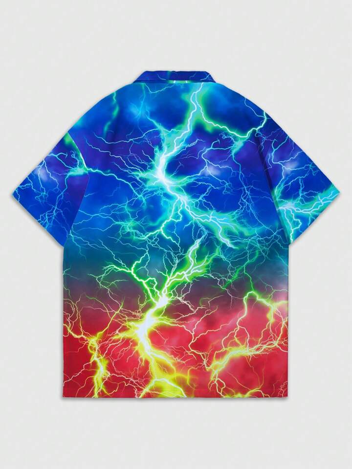 Men Gradient Lightning Print Short Sleeve Casual Shirt, Vacation Hawaiian Shirt For Summer