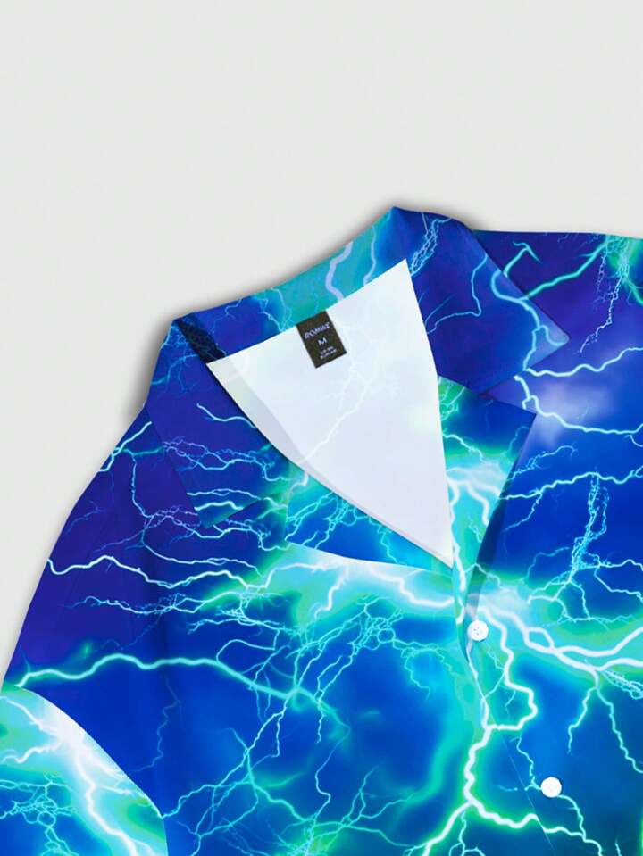 Men Gradient Lightning Print Short Sleeve Casual Shirt, Vacation Hawaiian Shirt For Summer