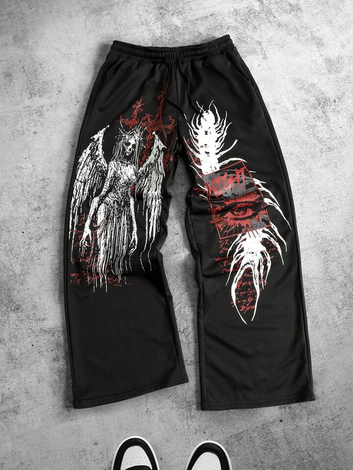 Men's Letter & Eye Print Loose Fit Casual Wide Leg Sweatpants