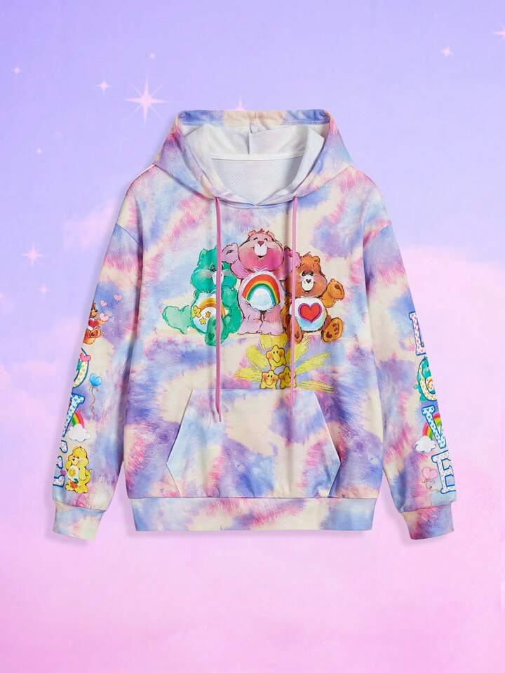 ROMWE X Care Bears Cute Cartoon Bear And Tie-Dye Print Drop Shoulder Oversized Drawstring Hoodie Sweatshirt