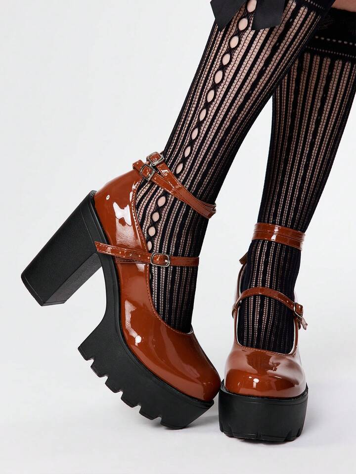 Kawaii Women's Brown Closed Toe Chunky Heel Mary Jane Pumps With Ankle Strap, Waterproof Platform Party Dress Shoes