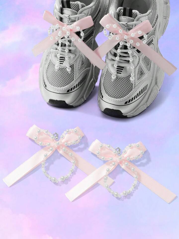 Kawaii 1pc Elegant & Cute Simple Fashion Versatile High-Quality Handmade Beaded White Faux Pearl Faux Crystal Pink Ribbon Multi-Layer Bow DIY Shoe Clip Shoe Decoration Combination Set, Suitable For Women And Girls Daily Wear, Festival Gift