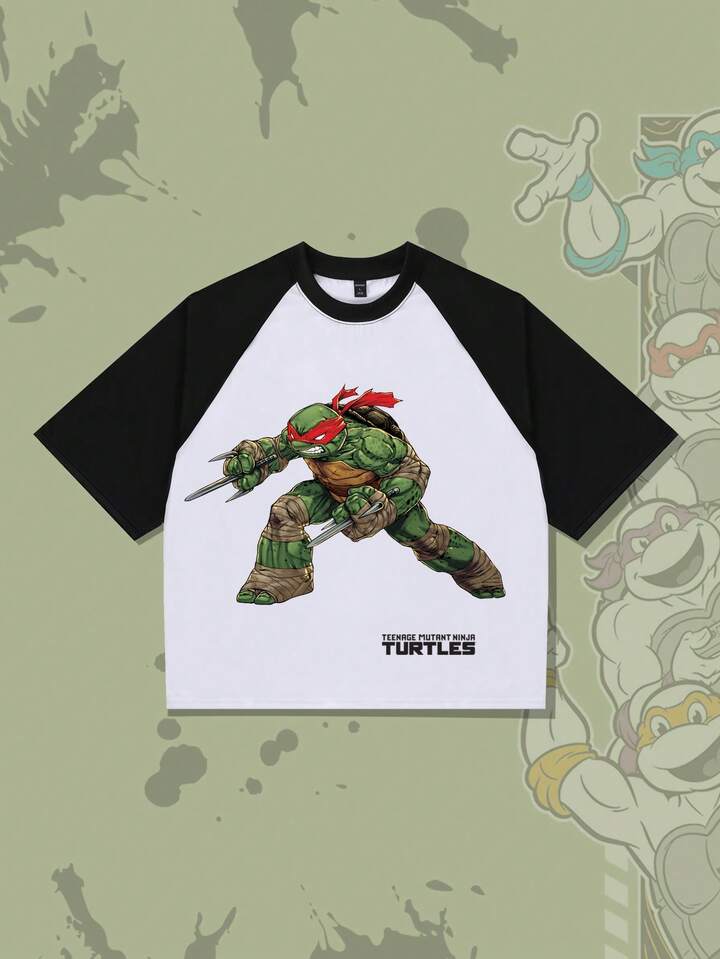 TEENAGE MUTANT NINJA TURTLES X ROMWE Men's Colorblock Cartoon Turtle Graphic Round Neck Contrast Raglan Sleeve T-Shirt