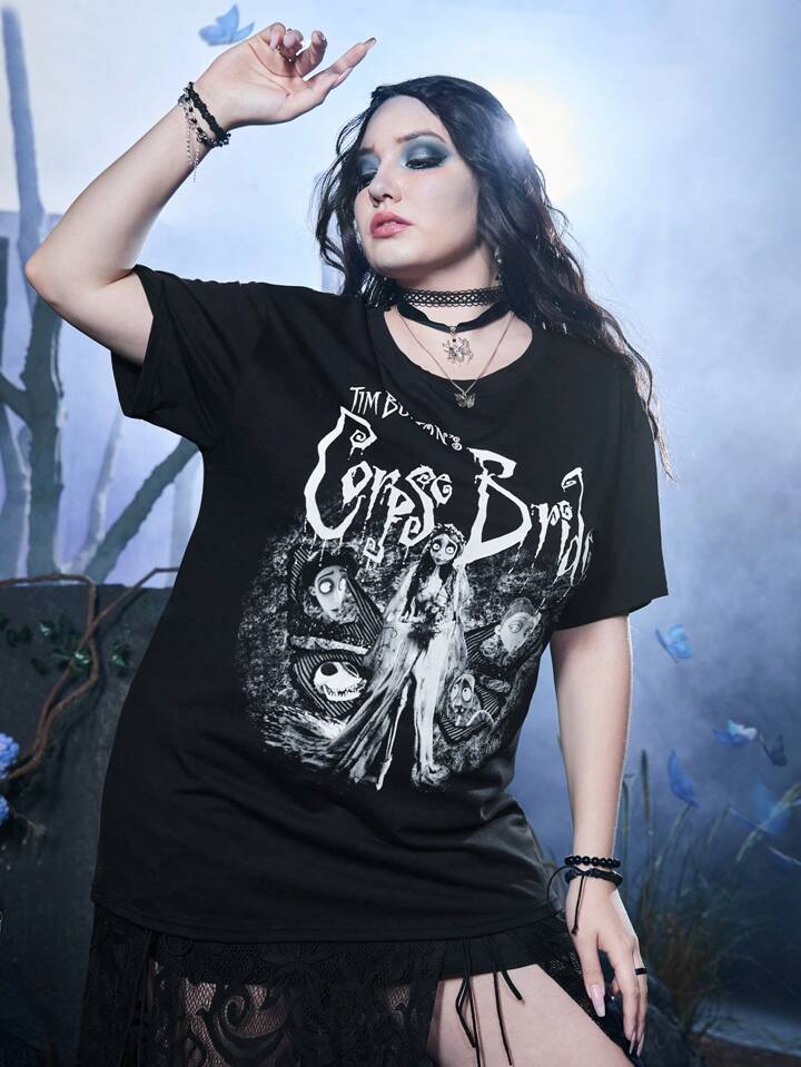 Corpse Bride | ROMWE Plus Figure & Letter Graphic Tee, School, Summer