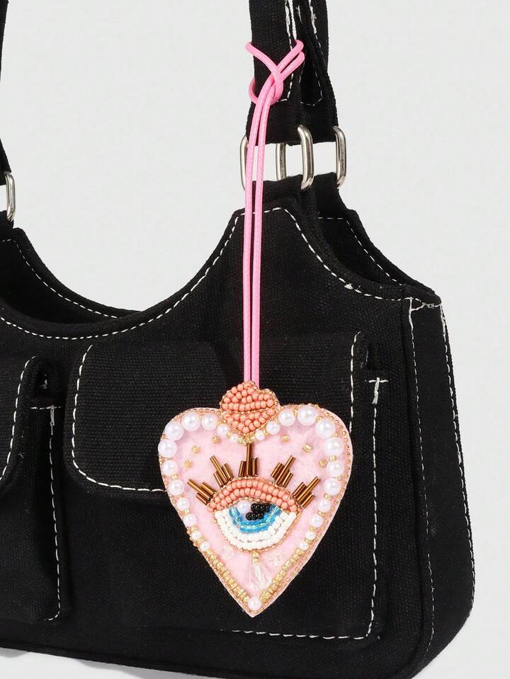 1pc Handmade Gothic Style Pink Studded Devil's Eye Heart Pendant, Bag Charm Decoration
