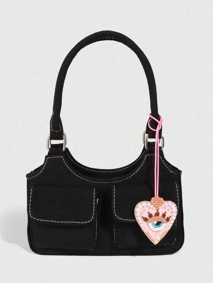 1pc Handmade Gothic Style Pink Studded Devil's Eye Heart Pendant, Bag Charm Decoration 3 1pc Handmade Gothic Style Pink Studded Devil's Eye Heart Pendant, Bag Charm Decoration
