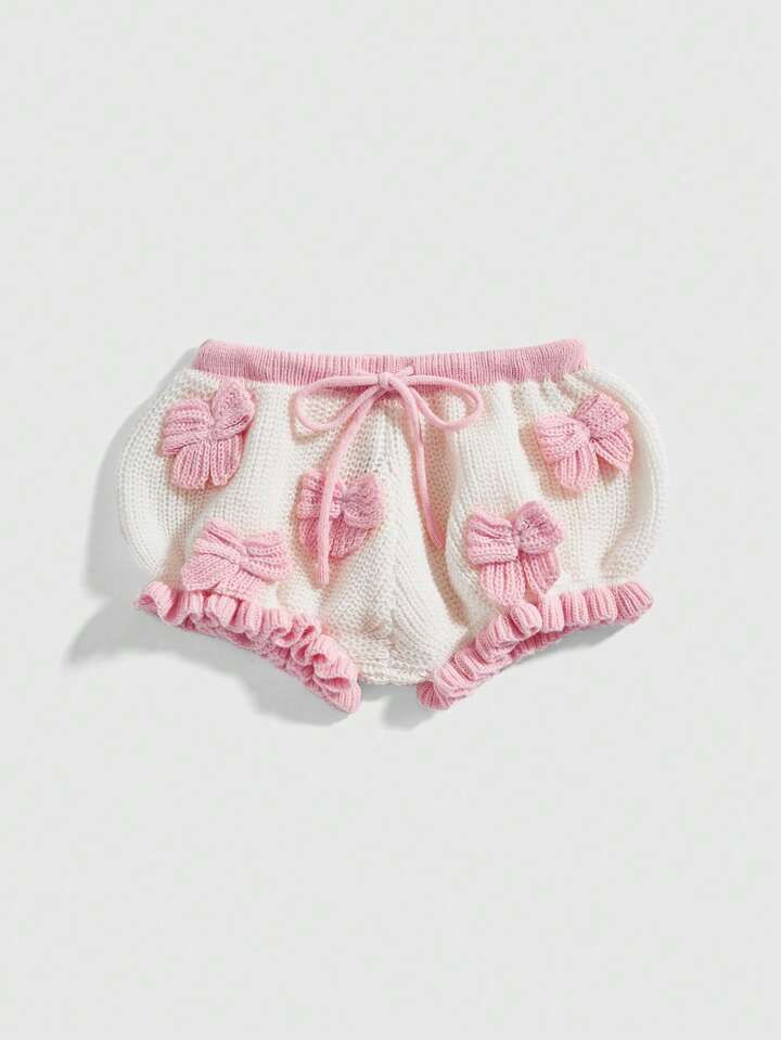 Kawaii Women's Sexy Cute Pumpkin Shorts With Bow Decor And Contrast Color, Super Low Waist Mini Sweater Shorts