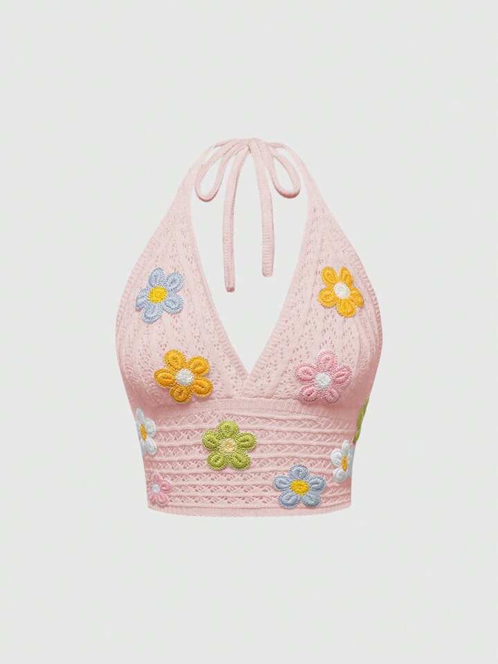 Crochet Floral Halter Neck Casual Top, Vacation Style