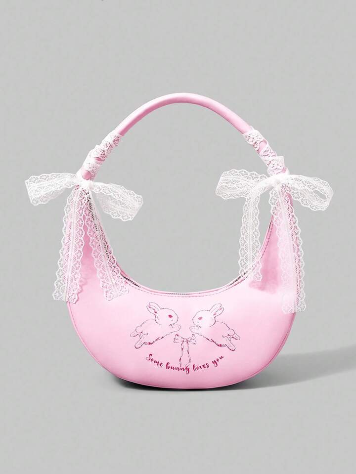 Kawaii Ladies Women Rabbit Pattern Print Hobo Shoulder Bag, White Lace Ribbon Bow Decor, Fashionable, Personalized, Simple, Versatile, Street, Sweet And Cool Style, Y2K, Pink (Ribbon Detachable)