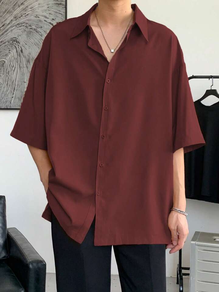 Guys Solid Drop Shoulder Button Up Shirt
