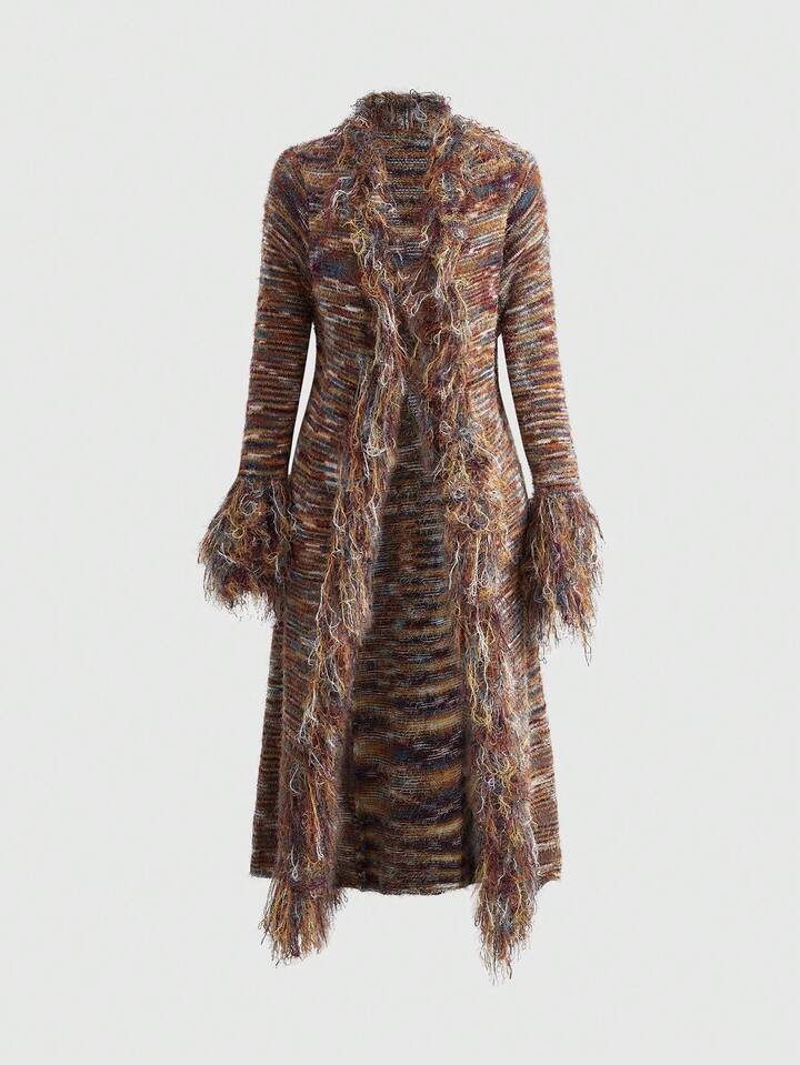 EDITION Women's Y2K Fringe Striped Long Sleeve Maxi Cardigan
