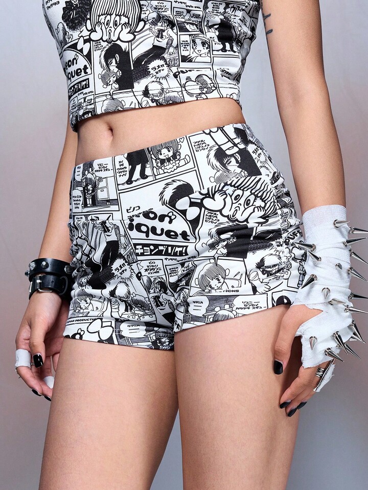 Black Jack X ROMWE Women's Cartoon Figure Graphic Low Waist Sexy Shorts, Versatile All-Match Style