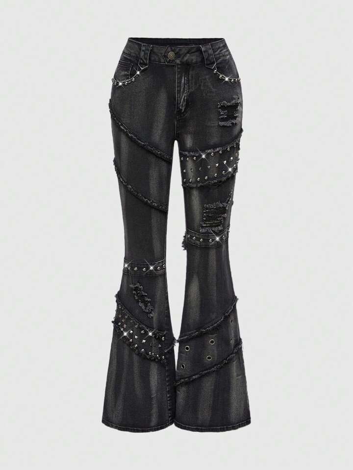 Grunge Punk Y2K Punk Kpop Rock Distressed Rivet Decorated Vintage Wash Skinny Low Waist Flare Jeans