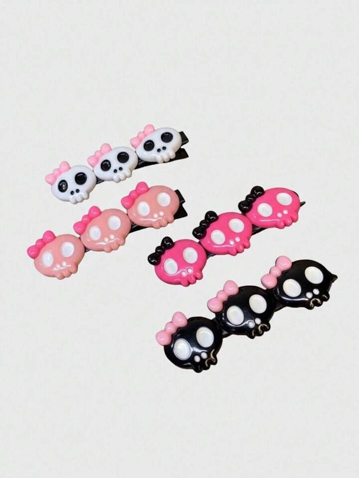 4 Random Color Bow Skull Hairpins, Cute Style High-Quality Hairpins,Fashional Hairclips