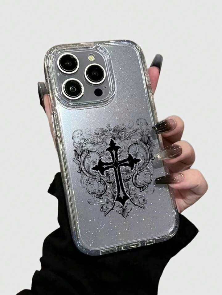 1pc Gothic Style Cross Pattern Transparent Glitter Phone Case, Halloween