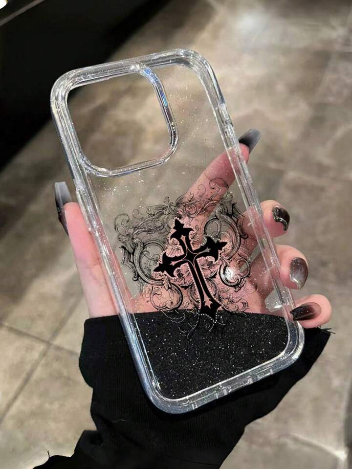 1pc Gothic Style Cross Pattern Transparent Glitter Phone Case, Halloween