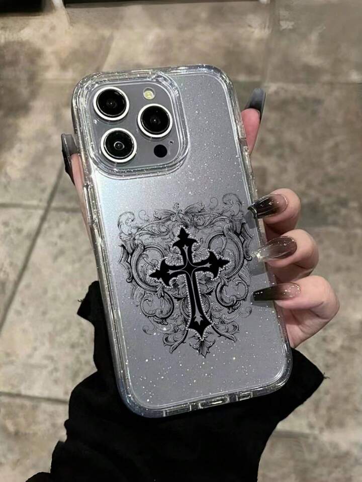 1pc Gothic Style Cross Pattern Transparent Glitter Phone Case, Halloween