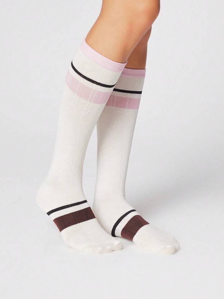 Kawaii 1 Pair Women's Sports Style White Striped Knee High Socks, All Season