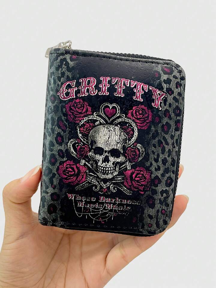 Goth Grey Rose Skull Leopard Print Trim Short Wallet Creative Multi-Function Card Holder Wallet