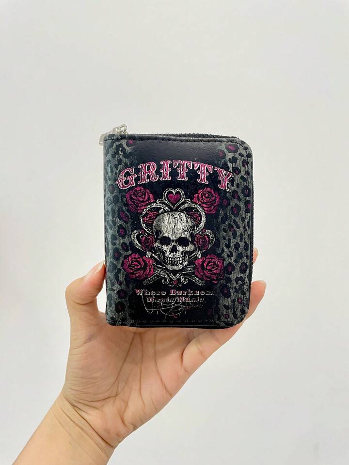 Goth Grey Rose Skull Leopard Print Trim Short Wallet Creative Multi-Function Card Holder Wallet