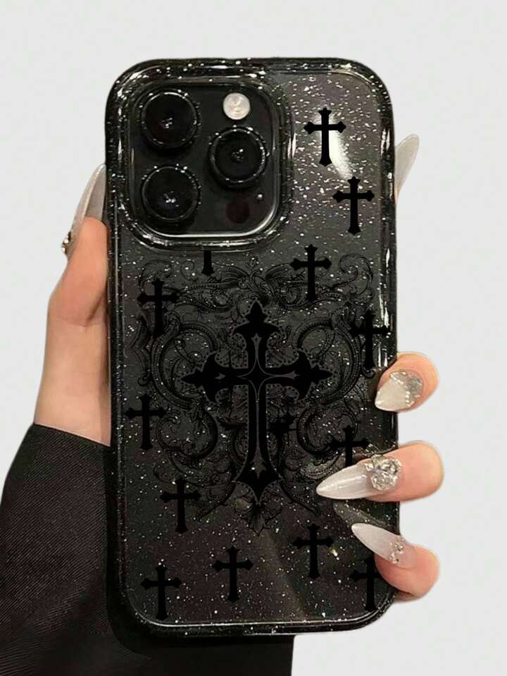 1pc Gothic Style Cross Pattern Transparent Glitter Phone Case, Halloween