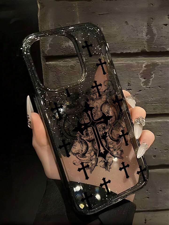 1pc Gothic Style Cross Pattern Transparent Glitter Phone Case, Halloween