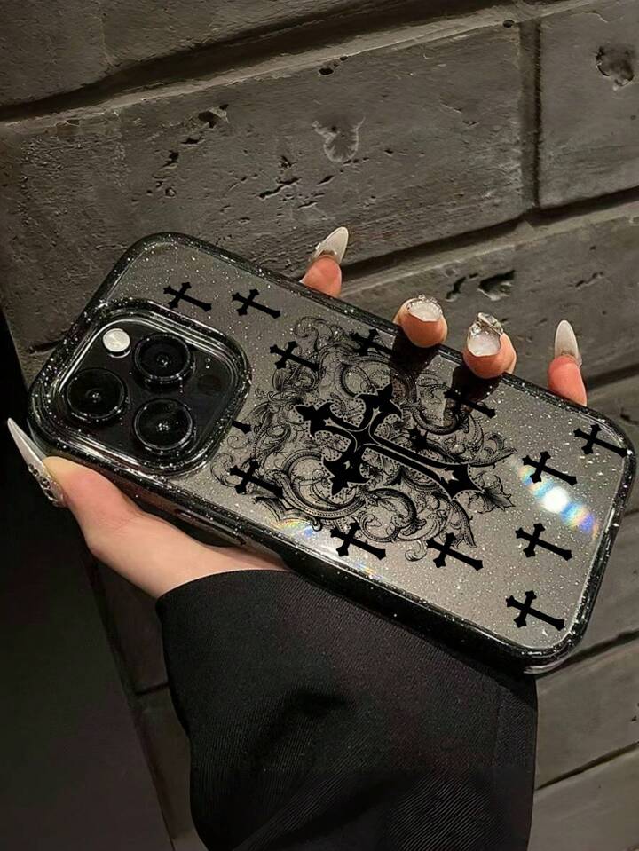1pc Gothic Style Cross Pattern Transparent Glitter Phone Case, Halloween