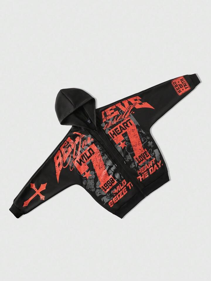 Street Life Men's Retro Street Style Letter & Number Print Zip-Up Hoodie, Fall