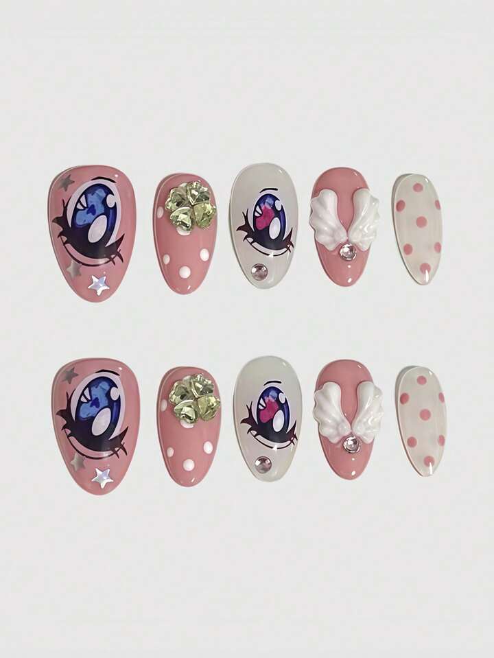 10pcs Kawaii Sweet Cute Eye Decor Angel Wings Y2K Lucky Clover Retro Polka Dot Harajuku Minimalist Mass Produced Handmade False Nails, Suitable For Anime, Campus, Dates, Shopping, Etc.