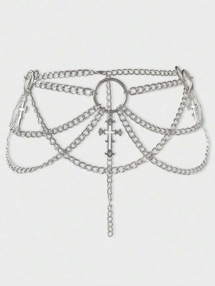 1pc Women Gothic Cross Design 3-Layer Chain Belt, Silver & Black Versatile Dress Accessory, Halloween