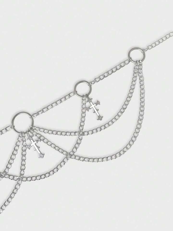 1pc Women Gothic Cross Design 3-Layer Chain Belt, Silver & Black Versatile Dress Accessory, Halloween
