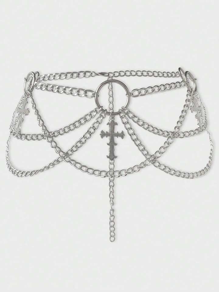 1pc Women Gothic Cross Design 3-Layer Chain Belt, Silver & Black Versatile Dress Accessory, Halloween