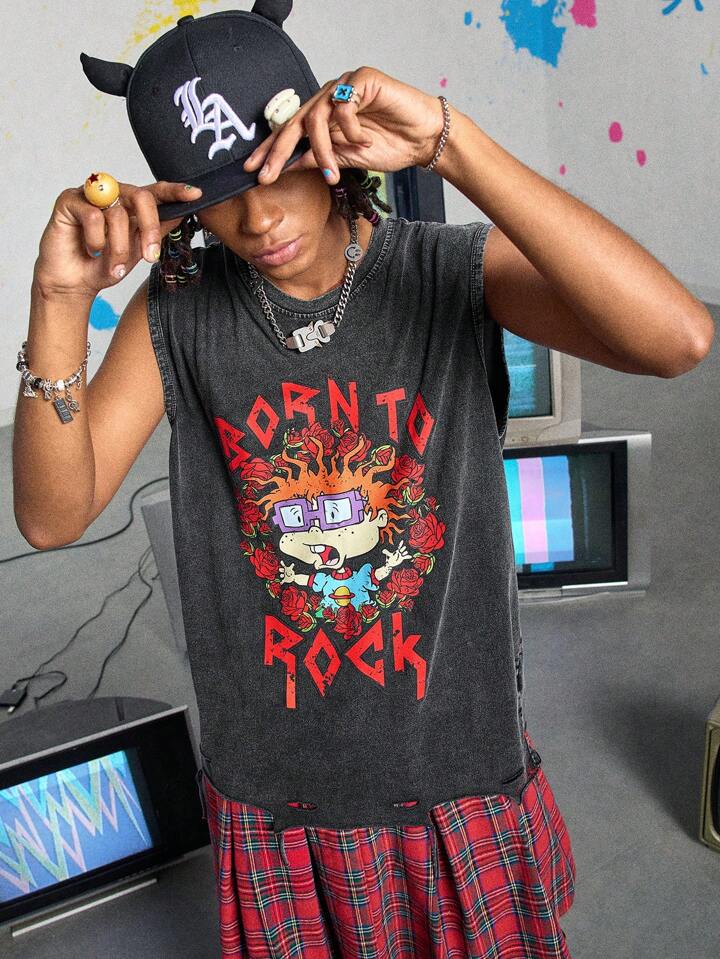 Nick 90's X ROMWE Washed & Acid Washed Casual Tank Top