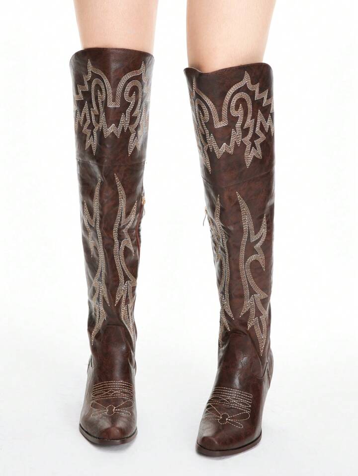 Fairycore Women's Spring/Autumn Cowboy Boots, Brown Nature-Inspired Embroidery Western Boots, Outdoor Fashion Pull-On Over-The-Knee Boots Spring Shoes For Christmas