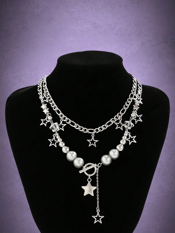 Goth 2pcs Punk Style Star & Tassel Pendant Beaded Necklace Set