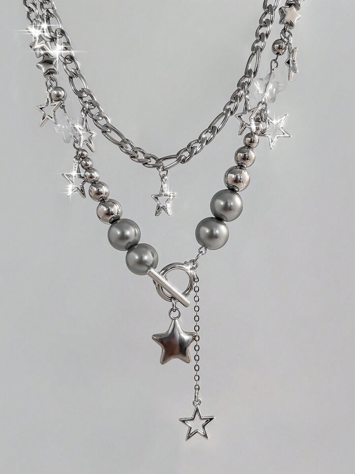 Goth 2pcs Punk Style Star & Tassel Pendant Beaded Necklace Set