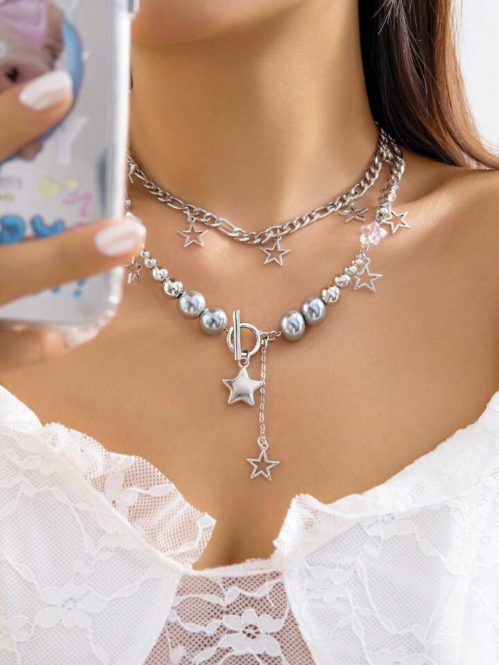 Goth 2pcs Punk Style Star & Tassel Pendant Beaded Necklace Set