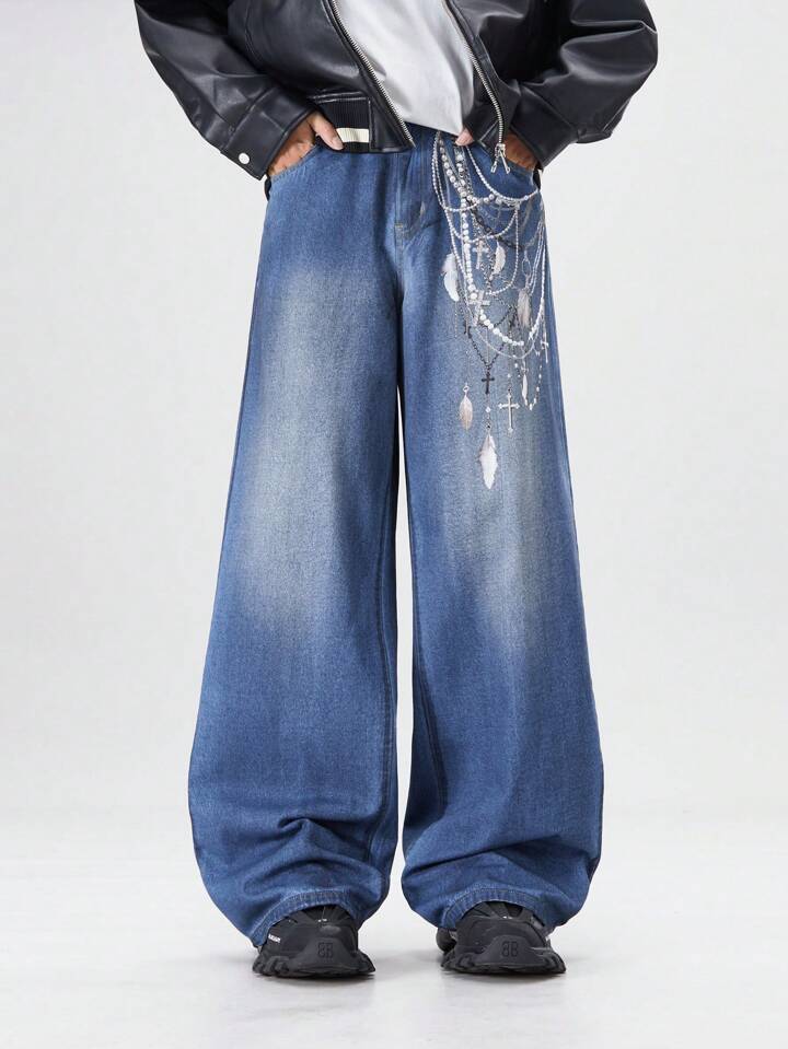 Street Life Men's Graphic Print Pocket Casual Baggy Jeans