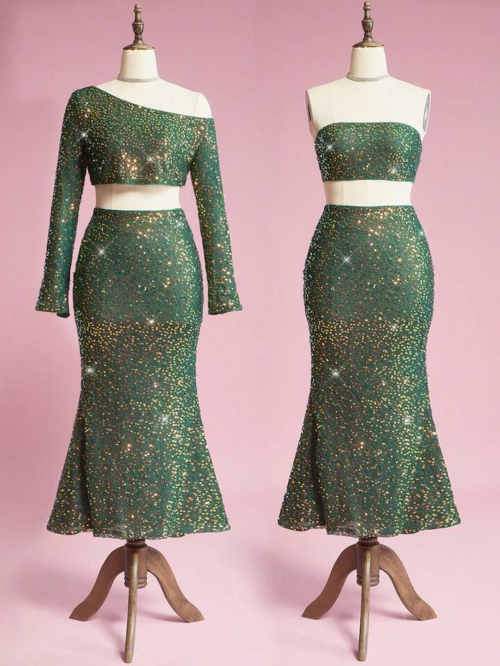EDITION 2pcs Women Vacation Style Sequin Embroidered Sexy Crop Top And Fish Tail Skirt Set