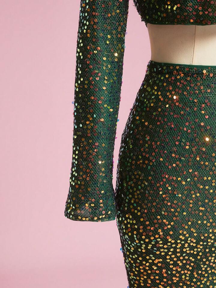 EDITION 2pcs Women Vacation Style Sequin Embroidered Sexy Crop Top And Fish Tail Skirt Set 4 EDITION 2pcs Women Vacation Style Sequin Embroidered Sexy Crop Top And Fish Tail Skirt Set